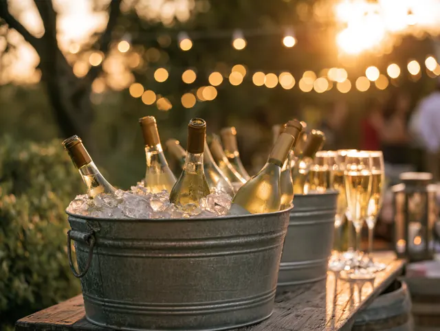 Baldes de gelo com bebidas num casamento numa quinta